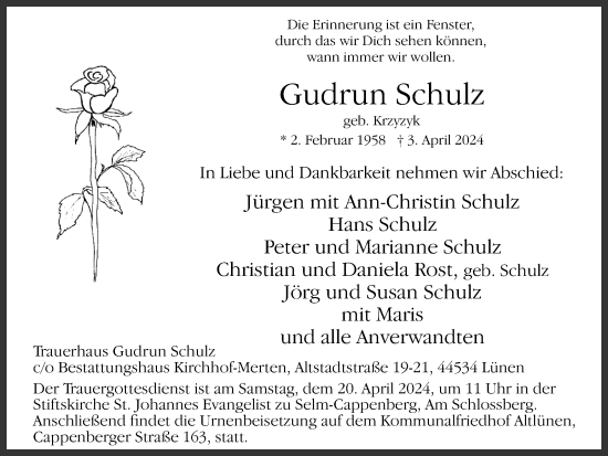 Traueranzeige von Gudrun Schulz von Ruhr Nachrichten
