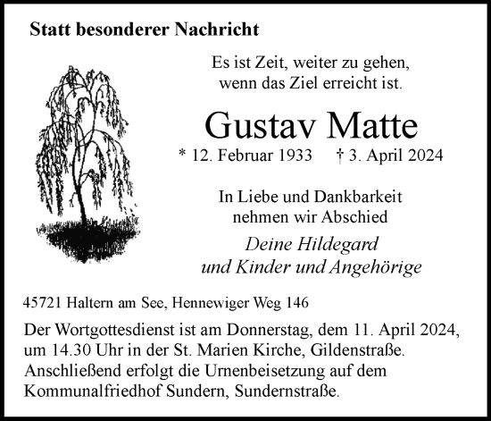 Traueranzeige von Gustav Matte von Ruhr Nachrichten und Halterner Zeitung
