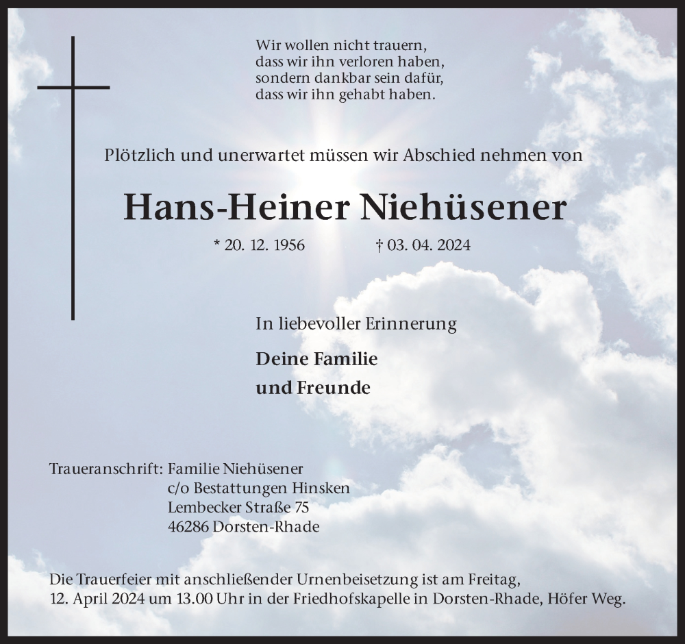  Traueranzeige für Hans-Heiner Niehüsener vom 09.04.2024 aus Ruhr Nachrichten und Dorstener Zeitung