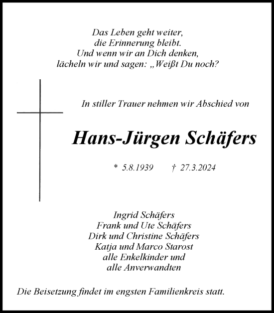 Traueranzeige von Hans-Jürgen Schäfers von Medienhaus Bauer