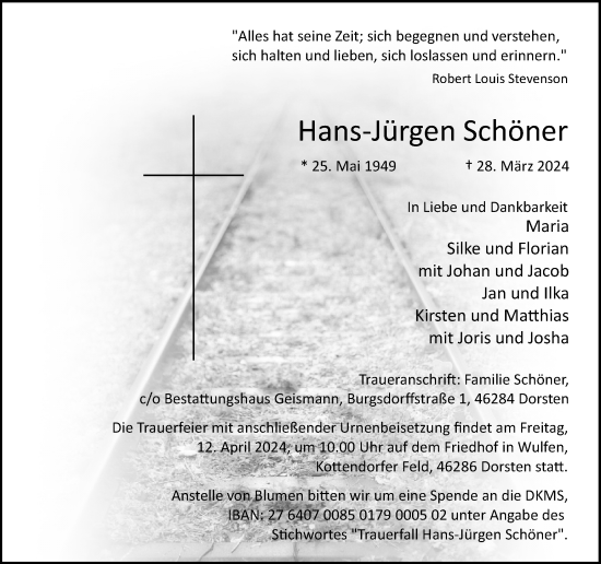 Traueranzeige von Hans-Jürgen Schöner von Ruhr Nachrichten und Dorstener Zeitung