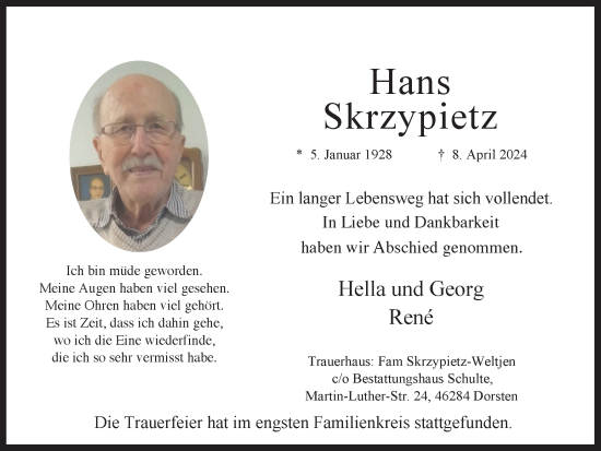 Traueranzeige von Hans Skrzypietz von Ruhr Nachrichten und Dorstener Zeitung