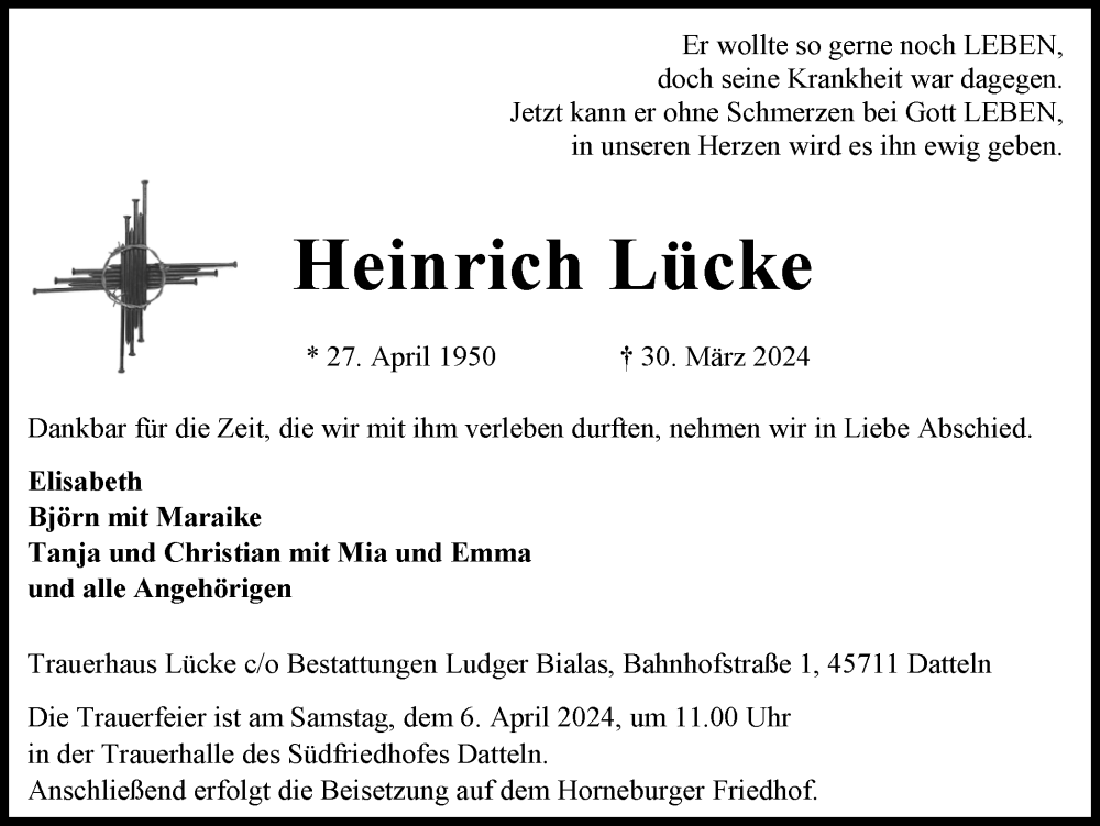  Traueranzeige für Heinrich Lücke vom 03.04.2024 aus Medienhaus Bauer
