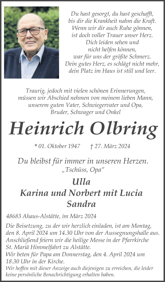 Traueranzeige von Heinrich Olbring von Münsterland Zeitung