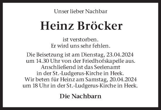 Traueranzeige von Heinz Bröcker von Münsterland Zeitung