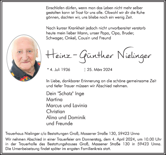 Traueranzeige von Heinz-Günther Nielinger von Hellweger Anzeiger