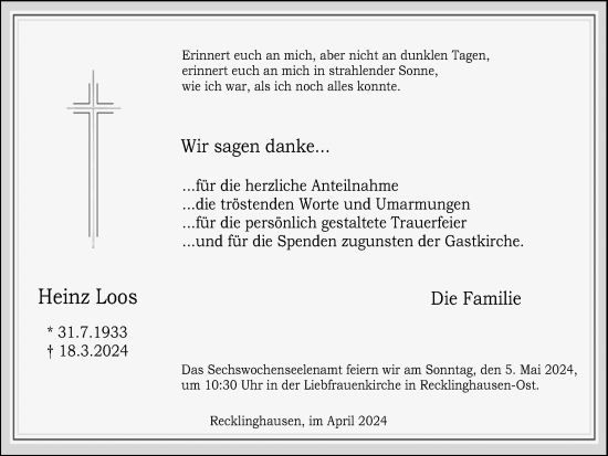 Traueranzeige von Heinz Loos von Medienhaus Bauer