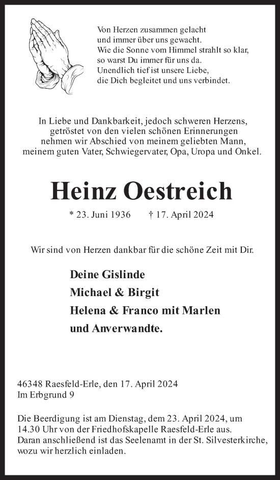 Traueranzeige von Heinz Oestreich von Ruhr Nachrichten und Dorstener Zeitung