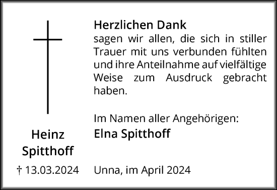 Traueranzeige von Heinz Spitthoff von Hellweger Anzeiger
