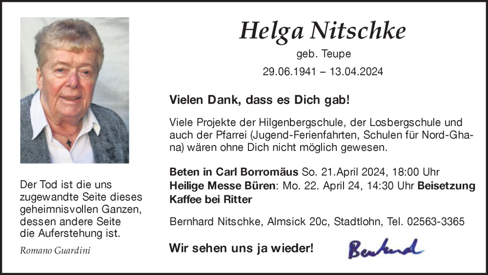  Traueranzeige für Helga Nitschke vom 17.04.2024 aus Münsterland Zeitung