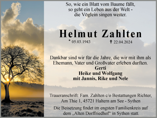 Traueranzeige von Helmut Zahlten von Ruhr Nachrichten und Halterner Zeitung
