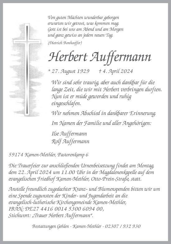 Traueranzeige von Herbert Auffermann von Hellweger Anzeiger