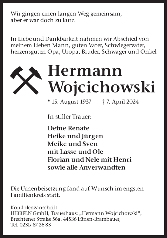 Traueranzeige von Hermann Wojcichowski von Ruhr Nachrichten
