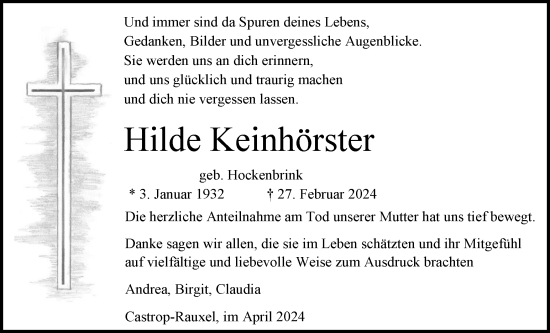 Traueranzeige von Hilde Keinhörster 