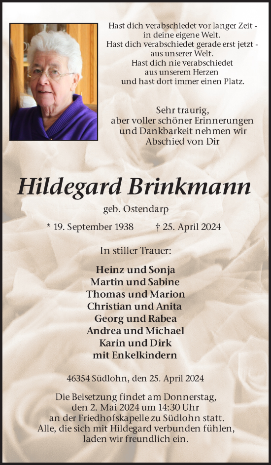 Traueranzeige von Hildegard Brinkmann von Münsterland Zeitung