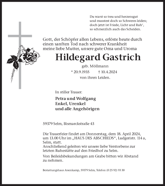 Traueranzeige von Hildegard Gastrich von Ruhr Nachrichten