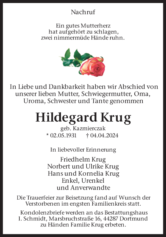 Traueranzeige von Hildegard Krug 