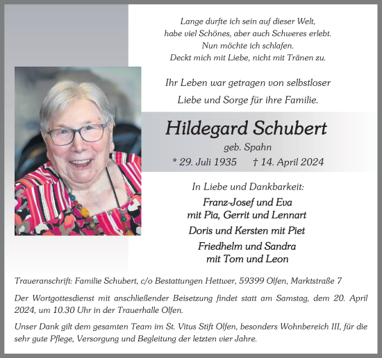 Traueranzeige von Hildegard Schubert