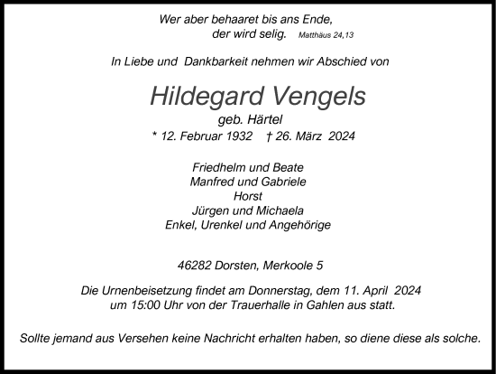 Traueranzeige von Hildegard Vengels von Ruhr Nachrichten und Dorstener Zeitung