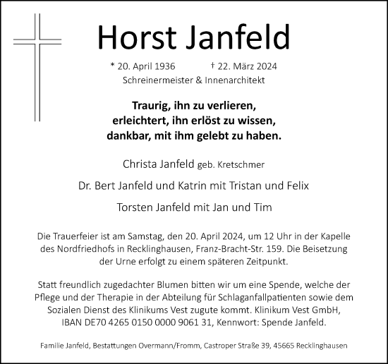 Traueranzeige von Horst Janfeld von Medienhaus Bauer