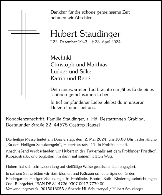 Traueranzeige von Hubert Staudinger