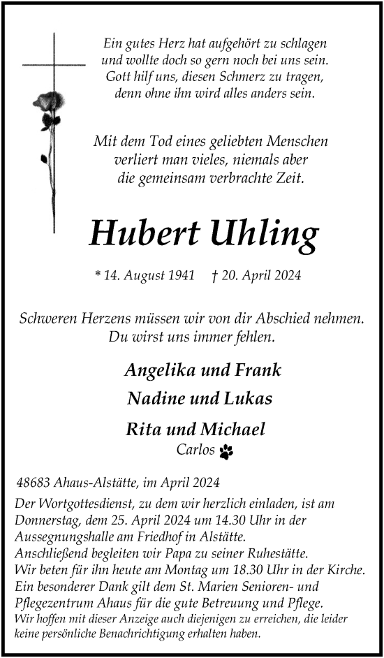 Traueranzeige von Hubert Uhling