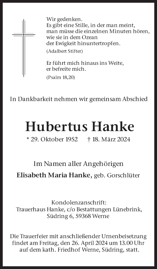 Traueranzeige von Hubertus Hanke von Ruhr Nachrichten