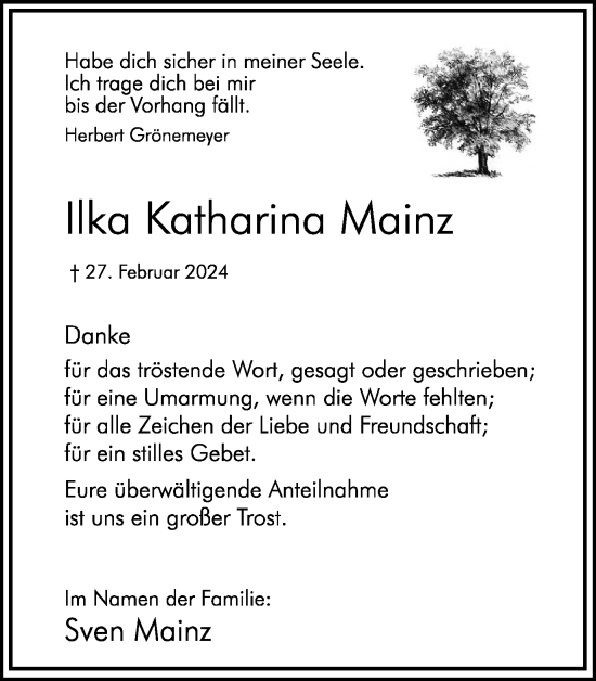 Traueranzeige von Ilka Katharina Mainz von Hellweger Anzeiger