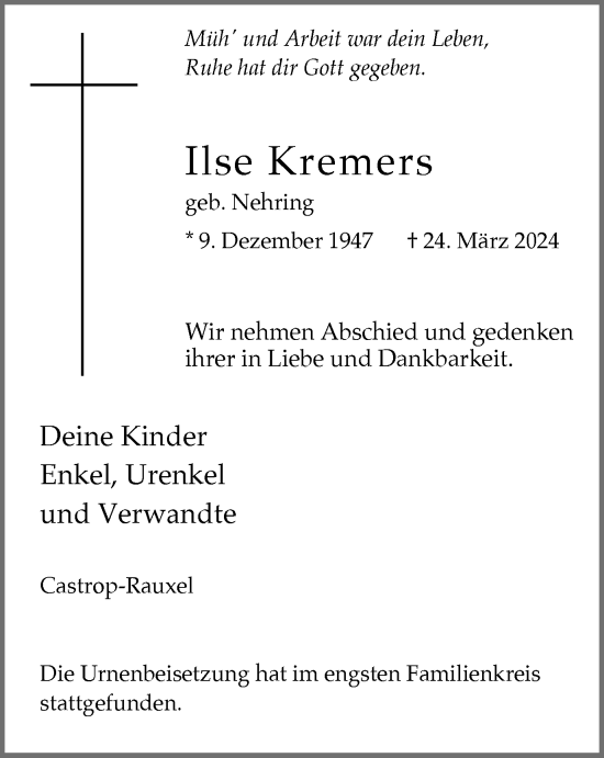 Traueranzeige von Ilse Kremers 