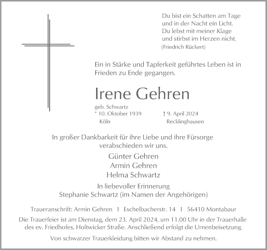 Traueranzeige von Irene Gehren von Ruhr Nachrichten und Halterner Zeitung