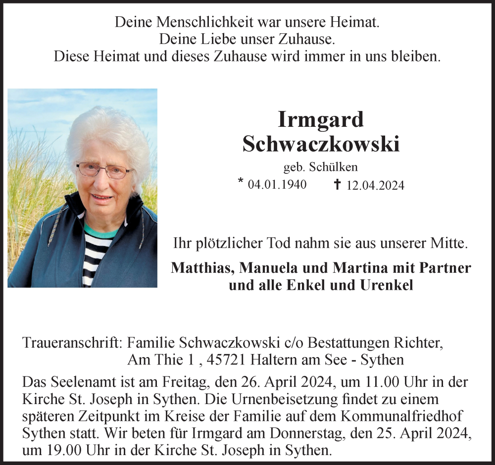  Traueranzeige für Irmgard Schwaczkowski vom 17.04.2024 aus Ruhr Nachrichten und Halterner Zeitung