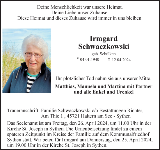 Traueranzeige von Irmgard Schwaczkowski von Ruhr Nachrichten und Halterner Zeitung