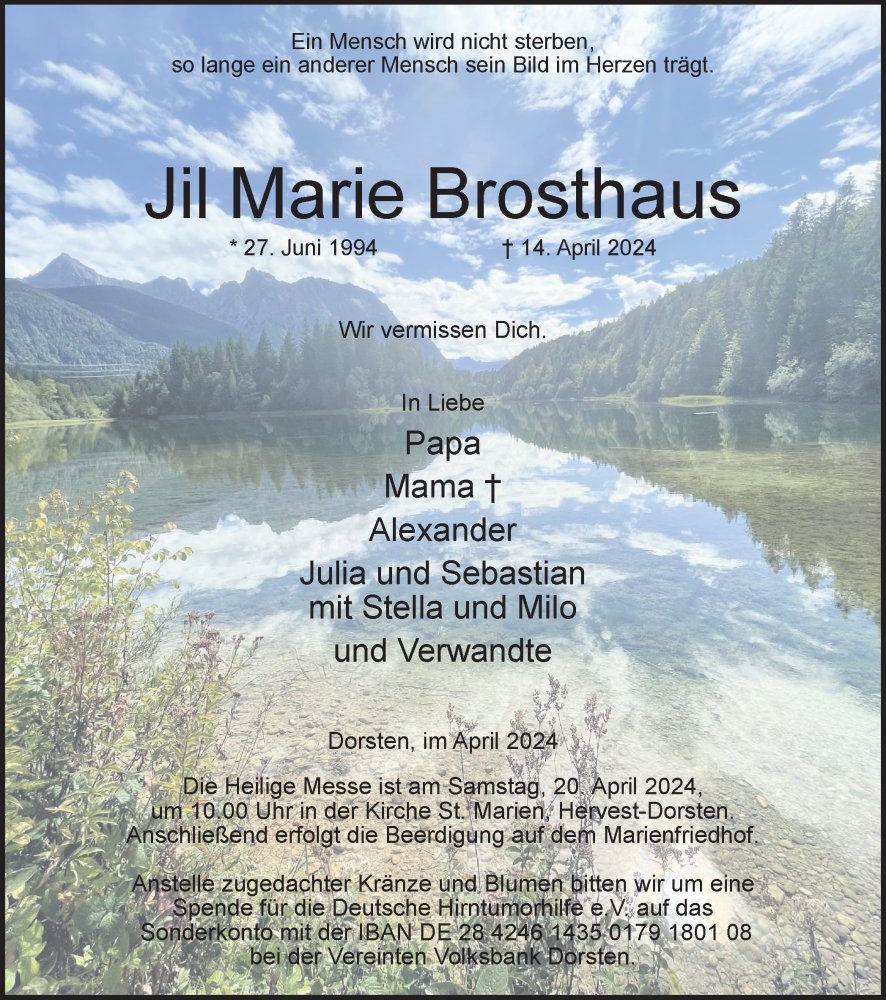  Traueranzeige für Jil Marie Brosthaus vom 18.04.2024 aus Ruhr Nachrichten und Dorstener Zeitung