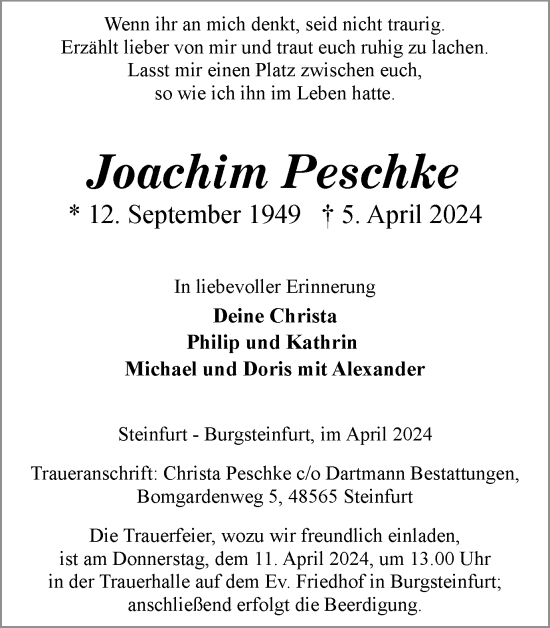 Traueranzeige von Joachim Peschke von Ruhr Nachrichten und Halterner Zeitung