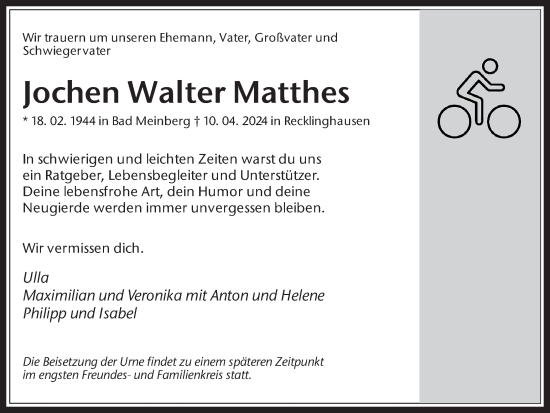Traueranzeige von Jochen Walter Matthes von Medienhaus Bauer