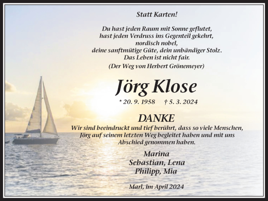 Traueranzeige von Jörg Klose von Medienhaus Bauer
