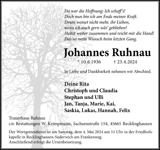 Traueranzeige von Johannes Ruhnau