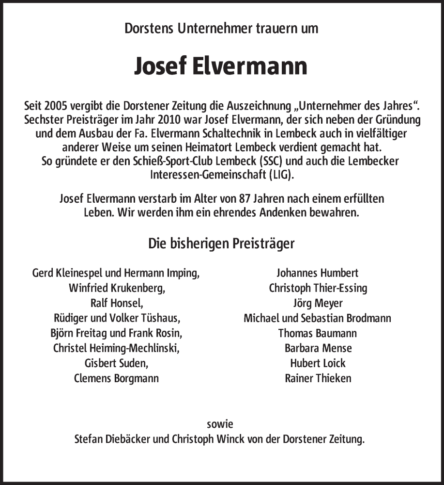  Traueranzeige für Josef Elvermann vom 30.04.2024 aus Ruhr Nachrichten und Dorstener Zeitung
