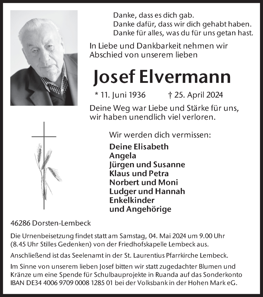  Traueranzeige für Josef Elvermann vom 30.04.2024 aus Ruhr Nachrichten und Dorstener Zeitung