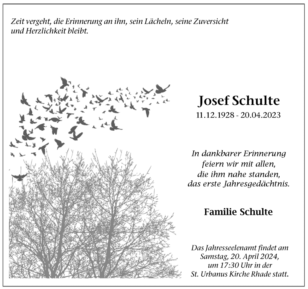  Traueranzeige für Josef Schulte vom 13.04.2024 aus Ruhr Nachrichten und Dorstener Zeitung