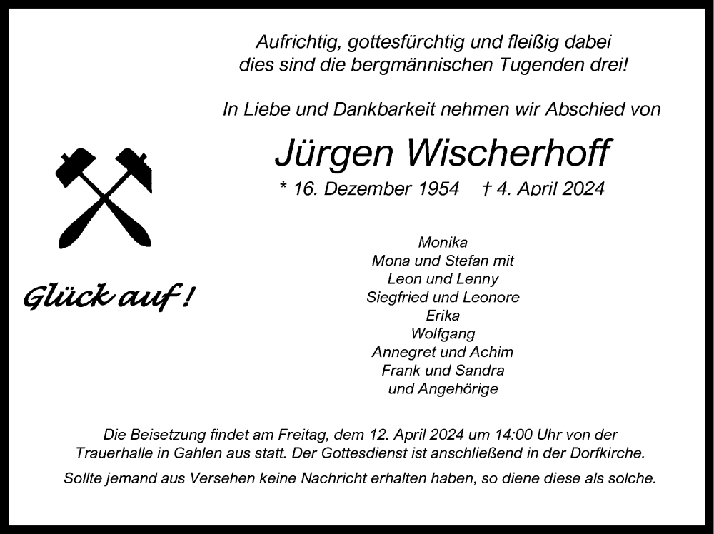  Traueranzeige für Jürgen Wischerhoff vom 09.04.2024 aus Ruhr Nachrichten und Dorstener Zeitung
