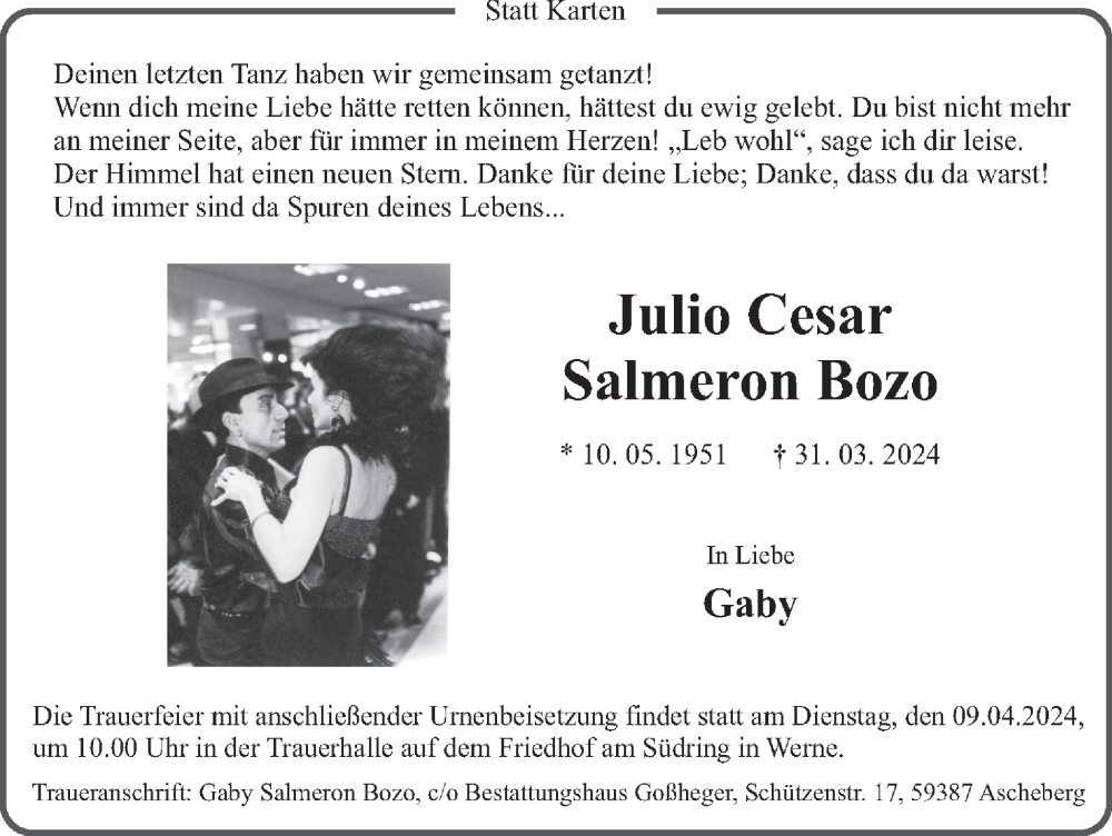  Traueranzeige für Julio Cesar Salmeron Bozo vom 04.04.2024 aus Ruhr Nachrichten
