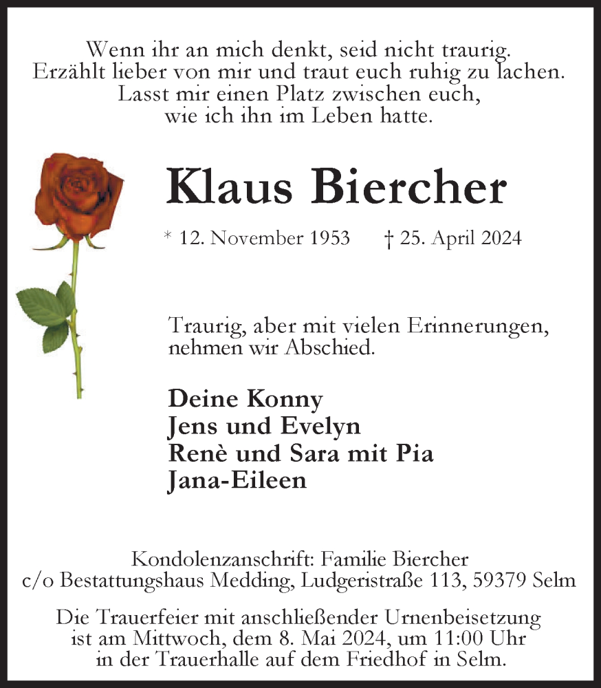  Traueranzeige für Klaus Biercher vom 27.04.2024 aus 