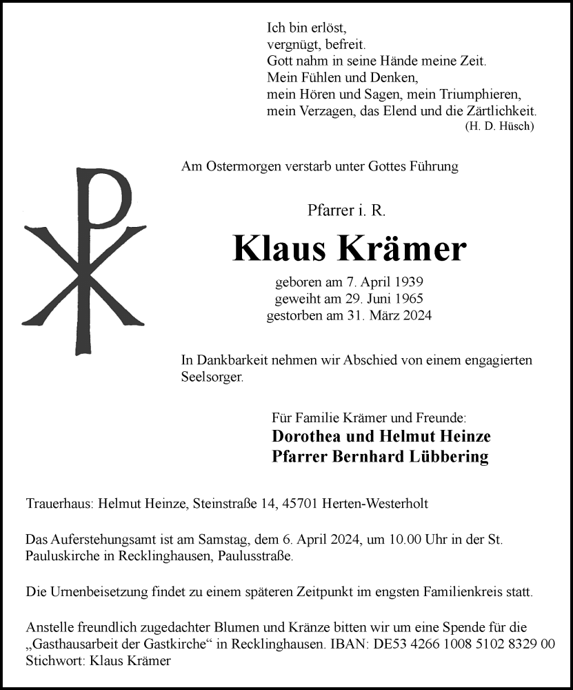  Traueranzeige für Klaus Krämer vom 03.04.2024 aus Medienhaus Bauer
