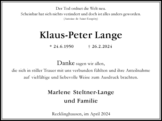 Traueranzeige von Klaus-Peter Lange von Medienhaus Bauer