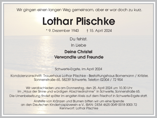 Traueranzeige von Lothar Plischke von Ruhr Nachrichten