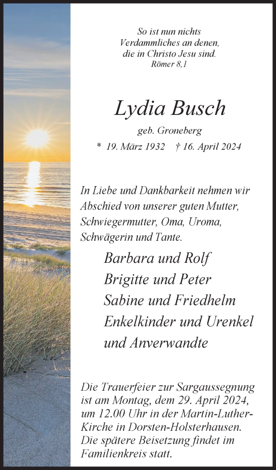Traueranzeige von Lydia Busch von Ruhr Nachrichten und Dorstener Zeitung