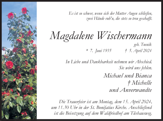 Traueranzeige von Magdalene Wischermann