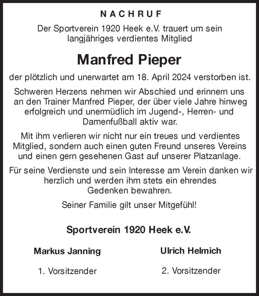  Traueranzeige für Manfred Pieper vom 25.04.2024 aus Münsterland Zeitung