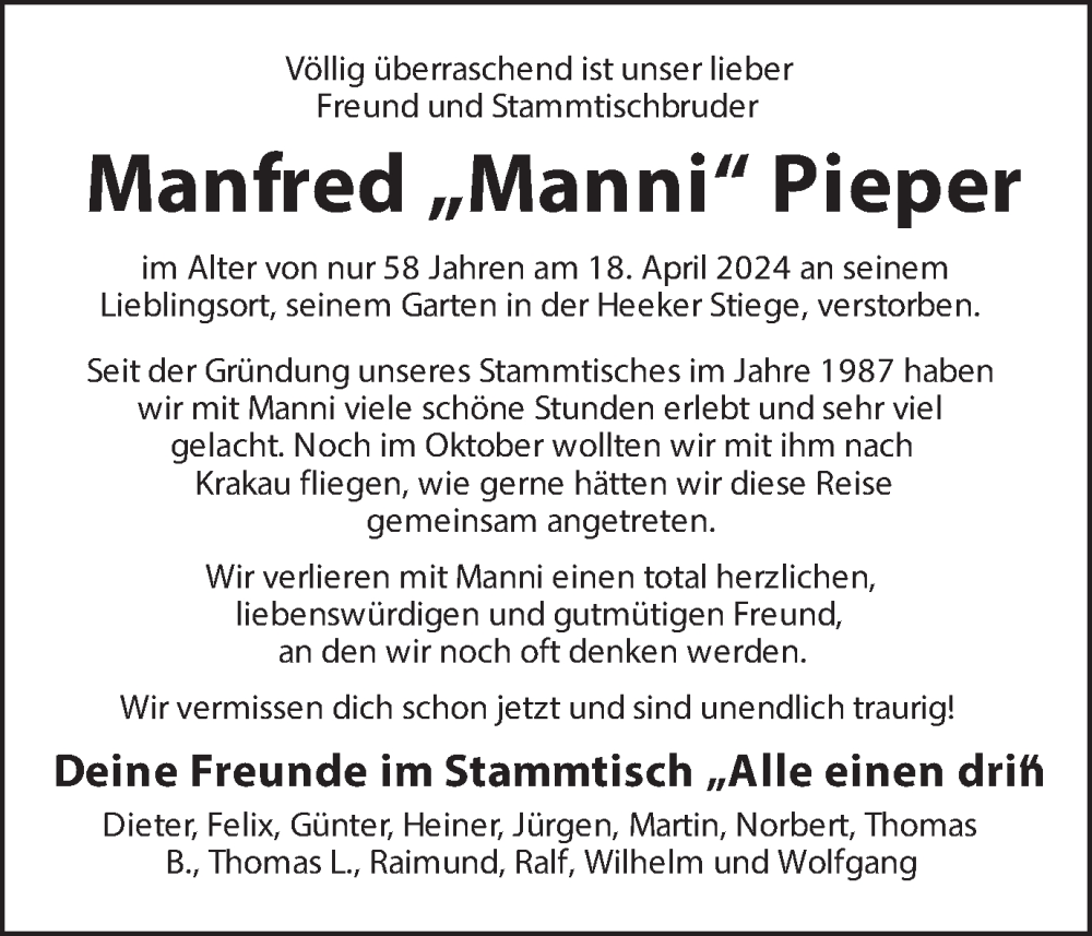  Traueranzeige für Manfred Pieper vom 26.04.2024 aus Münsterland Zeitung